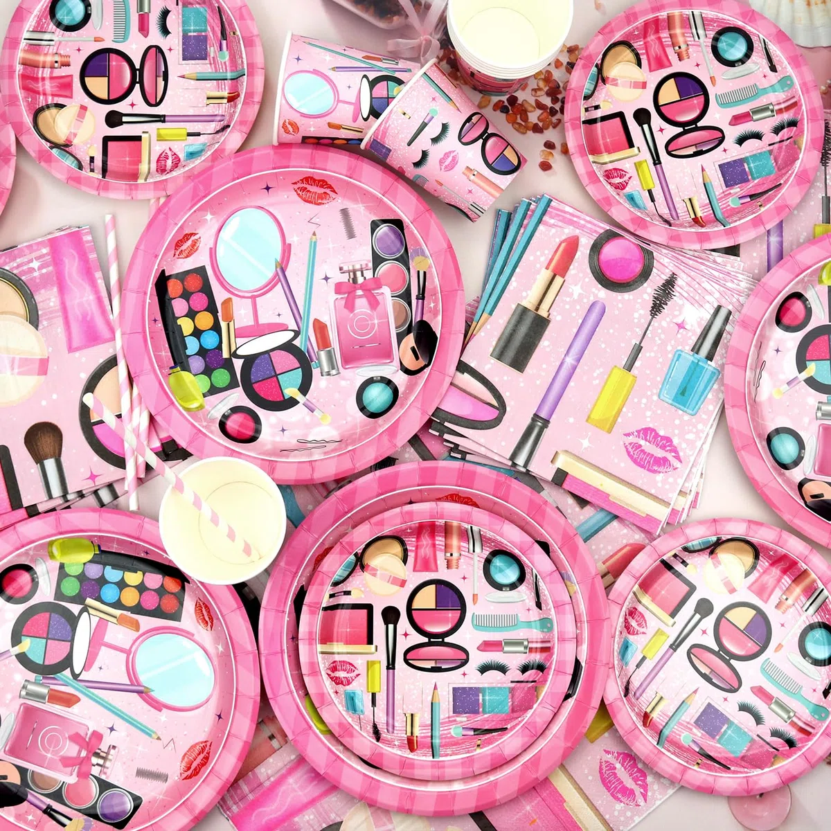 Forniture per feste termali, per 20 persone, stoviglie per feste a tema trucco – piatti da dessert, piatti, tazze, asciugamani, tovaglia da trucco spa per ragazze e donne, decorazione