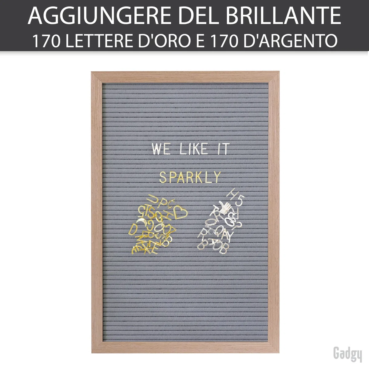 Gadgy Lavagna in Feltro Retrò Grigia 510 Lettere Oro Argento e Bianche – Cornice in Legno Nera per Messaggi Citazioni e Decorazioni da Parete, 30x45 cm