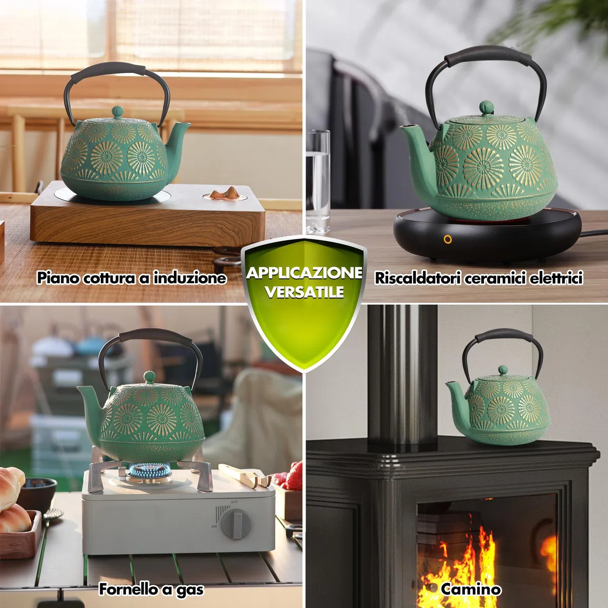 Teiera in ghisa, grande capacità da 1200 ml con infusore per cucina, design giapponese sakura per tè in foglie con interno smaltato, manico in silicone 1200 ml Verde