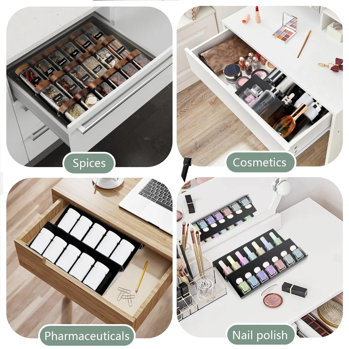 AiQInu Porta Spezie da Cassetto 8 Pezzi, Portaspezie Estensibile da 23cm a 46cm, Organizer per Cassetti per Spezie, Organizer Spezie Cucina, per Cucina, Piano di Lavoro, Armadio, Mensola