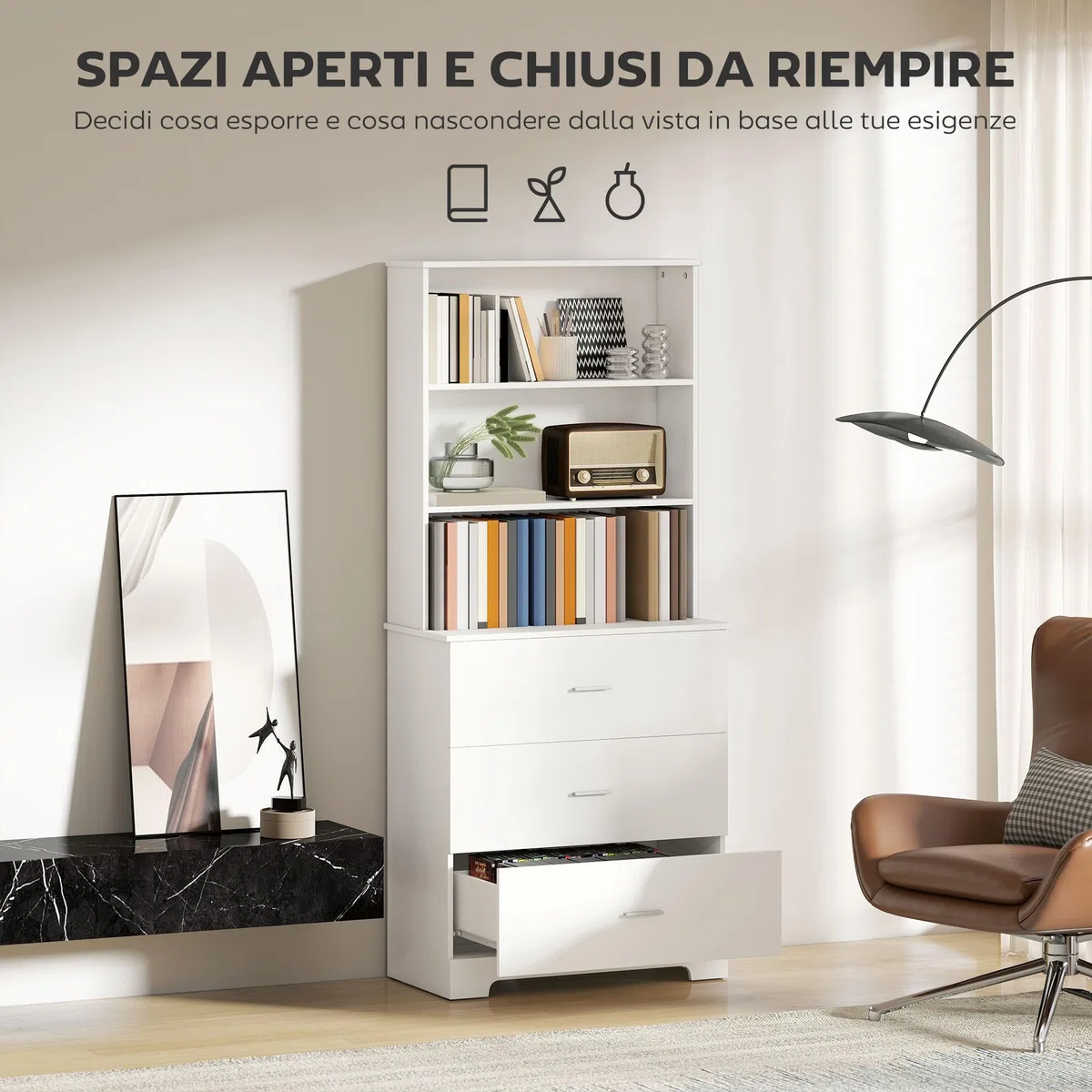 HOMCOM Libreria Scaffale Alta 182.2 cm a 3 Ripiani Aperti e 3 Cassetti, Libreria Verticale Salvaspazio, Mobile Portaoggetti in Legno per Soggiorno, Camera da Letto, Studio e Ufficio, Bianco