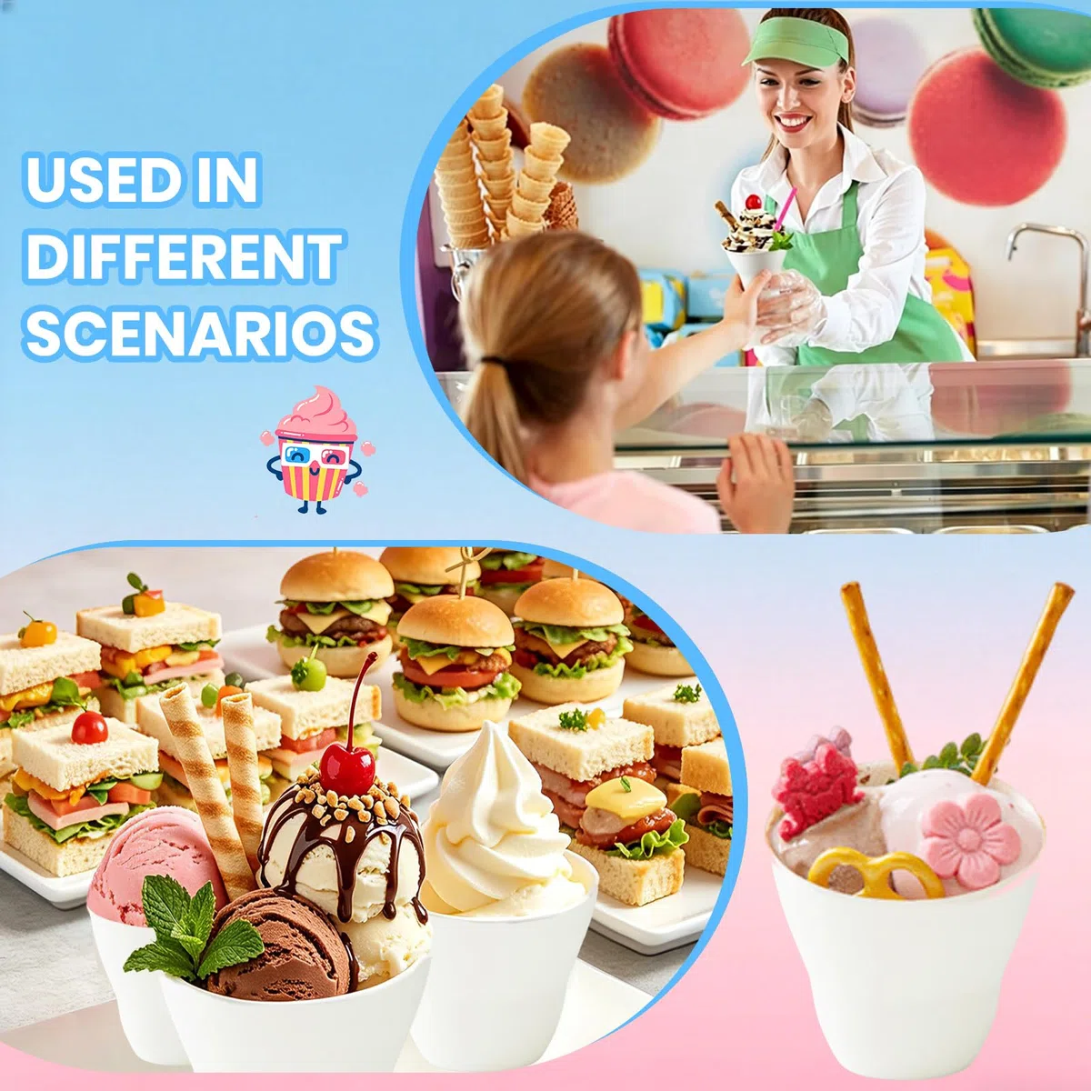 Ciotola di carta bianca per gelato con cucchiaio – Ciotola per feste di compleanno per bambini, ciotola per dessert – Ciotola di carta per gelato (F)