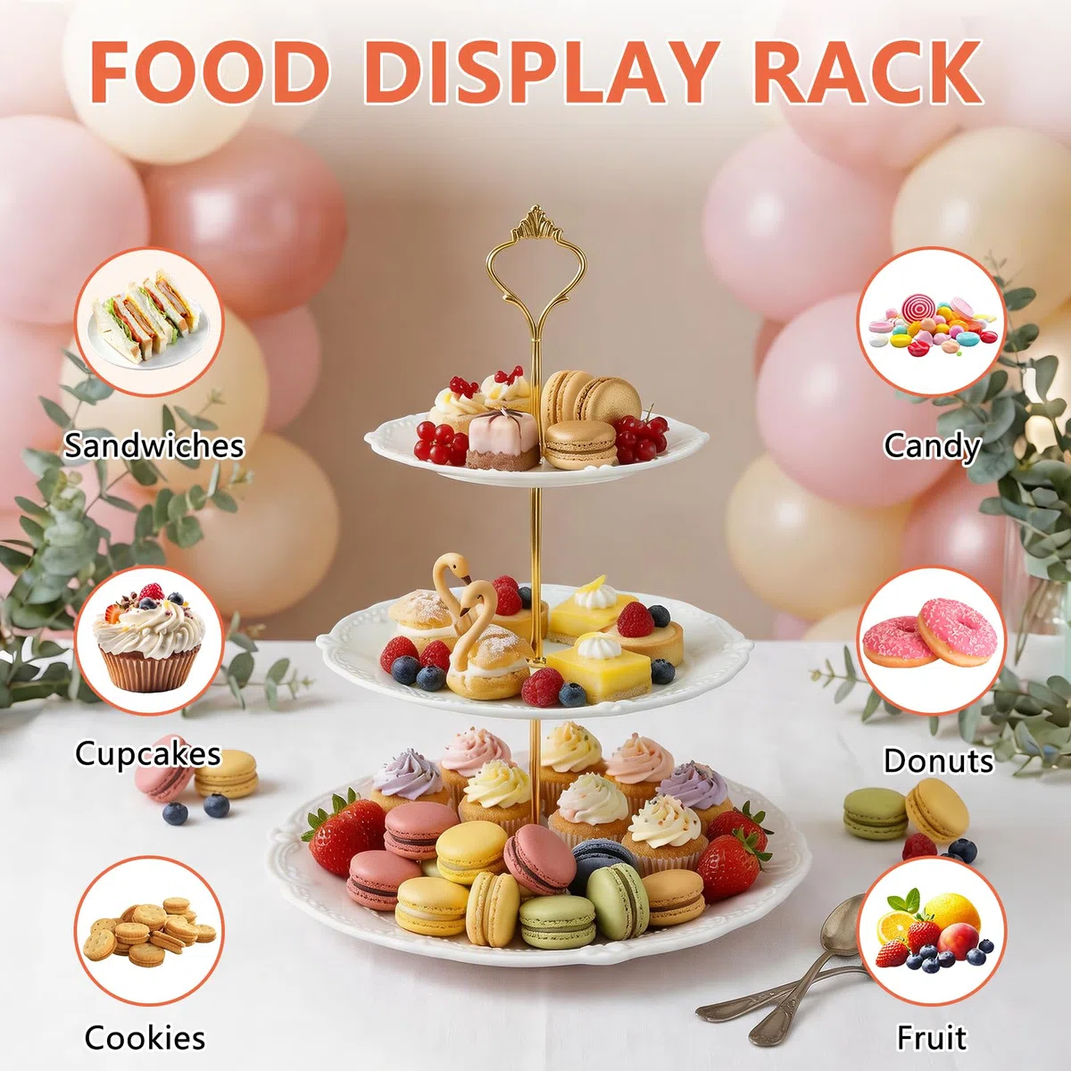Alzata a tre piani in plastica con design goffrato, riutilizzabile, ideale per servire cibo, dessert e cupcake, perfetto per feste, compleanni, matrimoni (bianco)