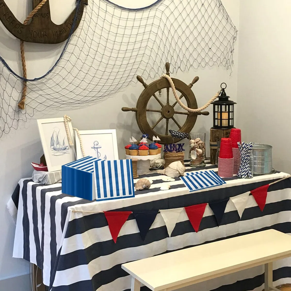 100 Tovaglioli Di Carta A Righe Blu E Bianche, Blu Navy E Bianco, Per Cocktail, Bevande, Pranzo, Per Ragazzi, Uomini, Compleanni, Matrimoni, Baby Shower