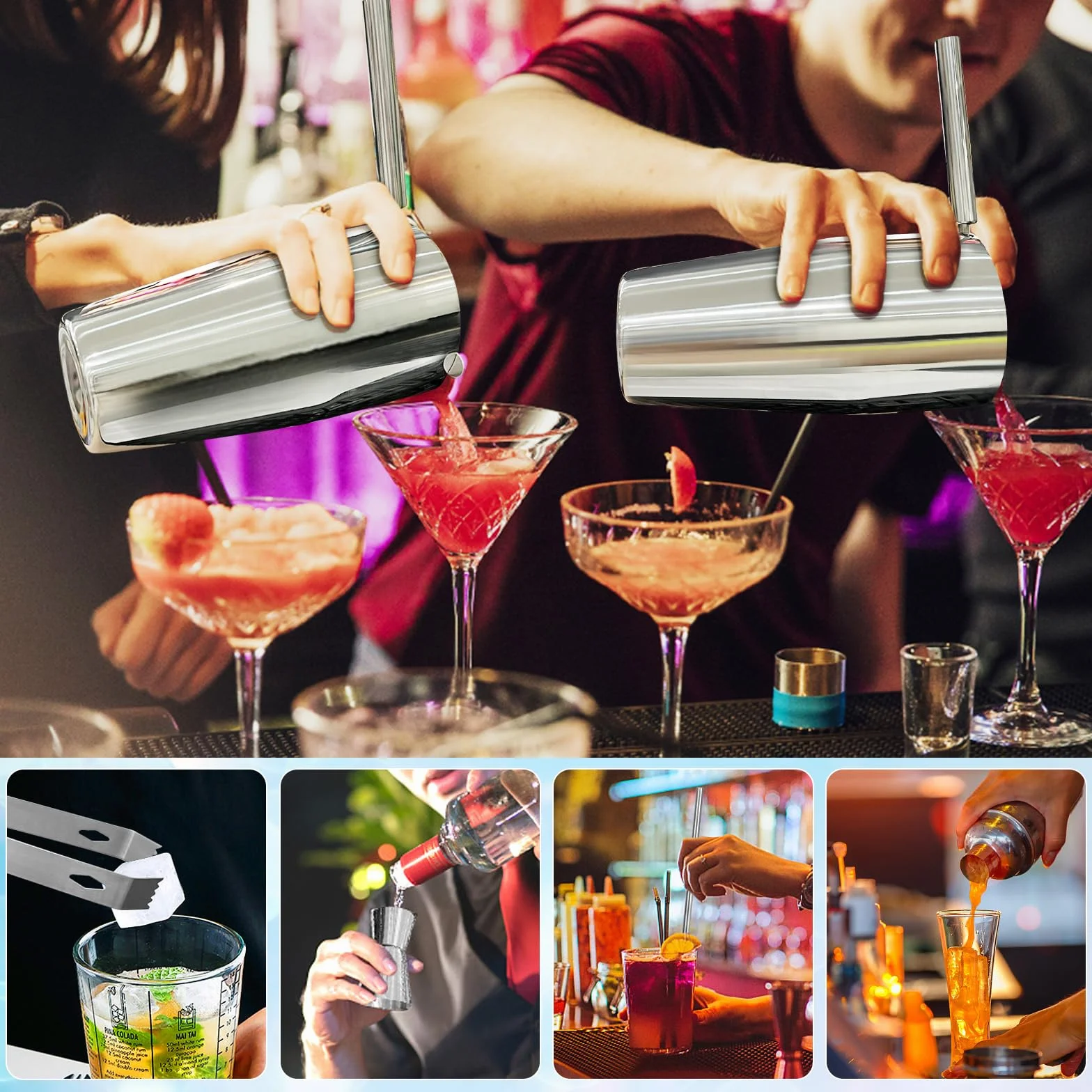 750 ML Shaker, 5 Pezzi Shaker Cocktail Set Kit da Barman in Acciaio Inox, Professionale Barman Set, con Colino, Jigger, Cucchiaio, per Miscelare Bevande, Casa, Bar, Feste (Argento)