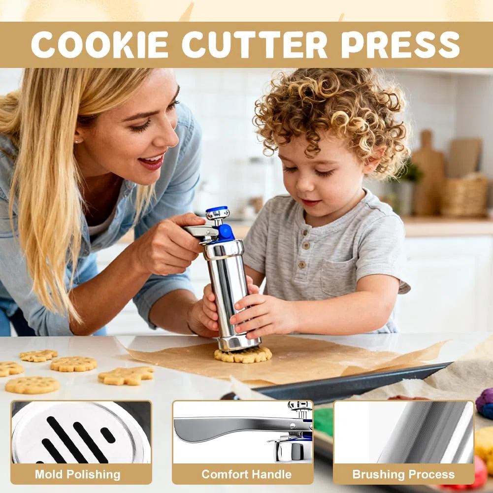 Pressa per biscotti a spruzzo, in acciaio inox, con 20 stencil e 8 beccucci in acciaio inox, macchina per biscotti, pressa per biscotti, pressa per biscotti per torte, dessert fai da te