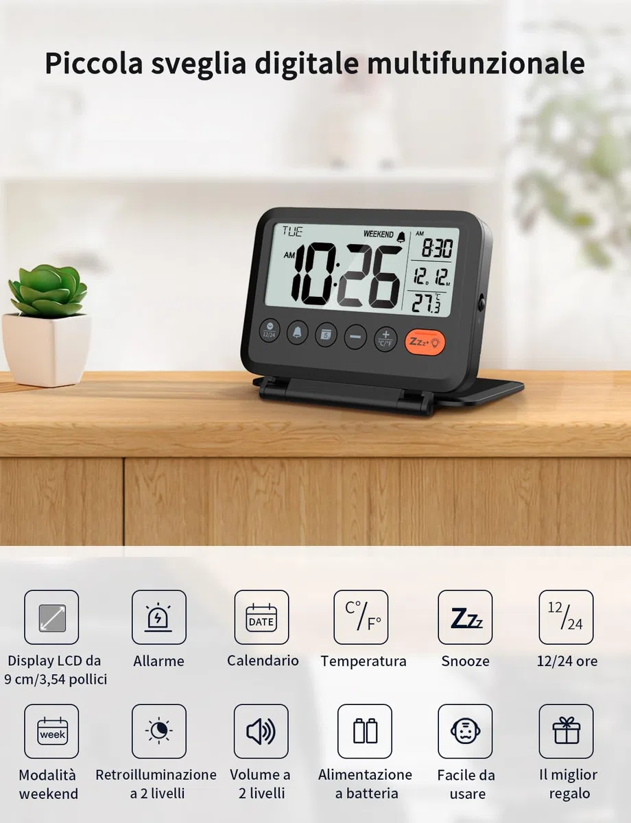 Sveglia digitale da viaggio: Piccola sveglia LCD con temperatura, 12/24 ore, modalità weekend e 2 volumi, ideale per la camera da letto e l'ufficio (batteria inclusa)