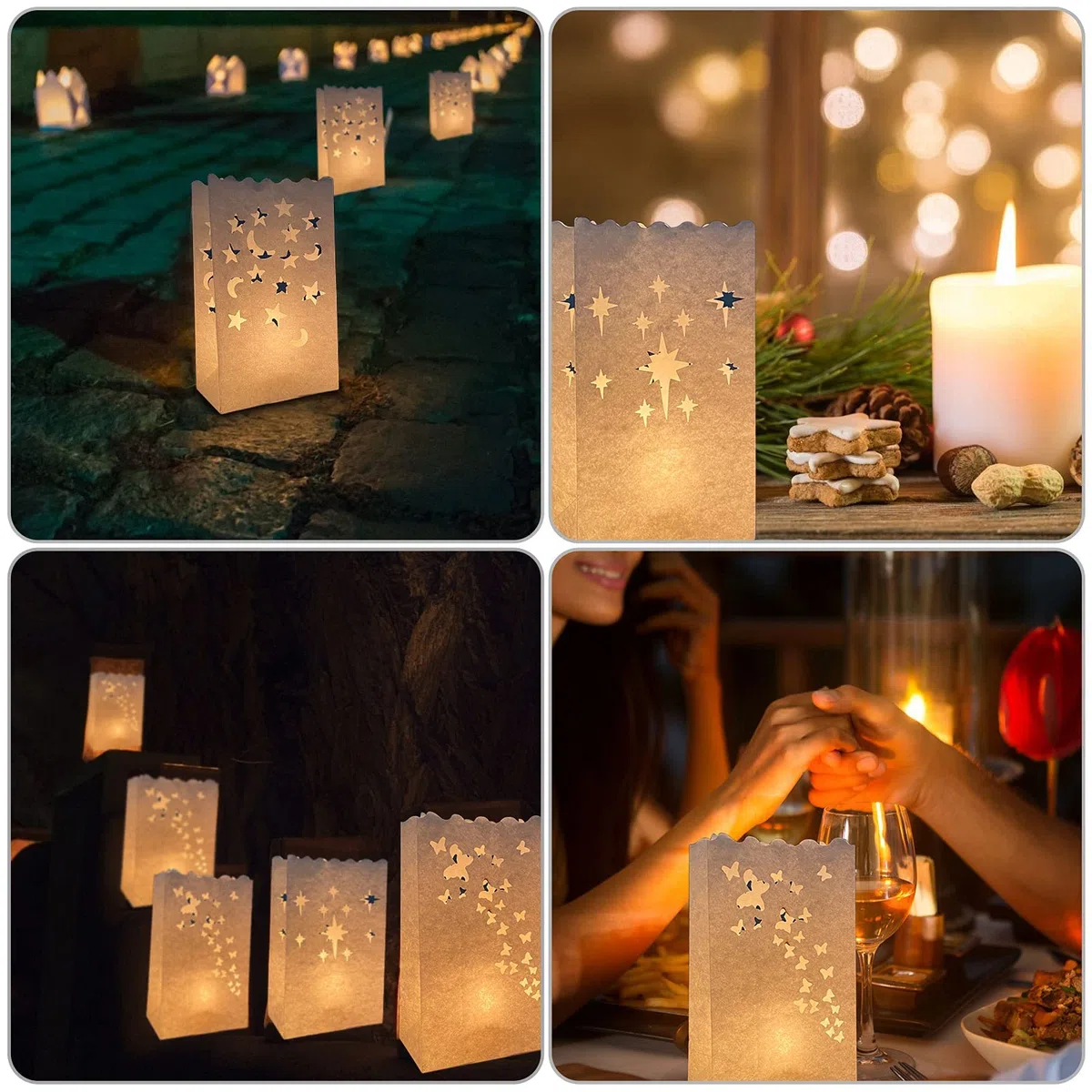 30 sacchetti luminari, lanterne di carta resistenti alla fiamma, riutilizzabili, sacchetti luminari bianchi, a forma di farfalla, stella a forma di cuore e luna, per matrimoni, feste romantiche