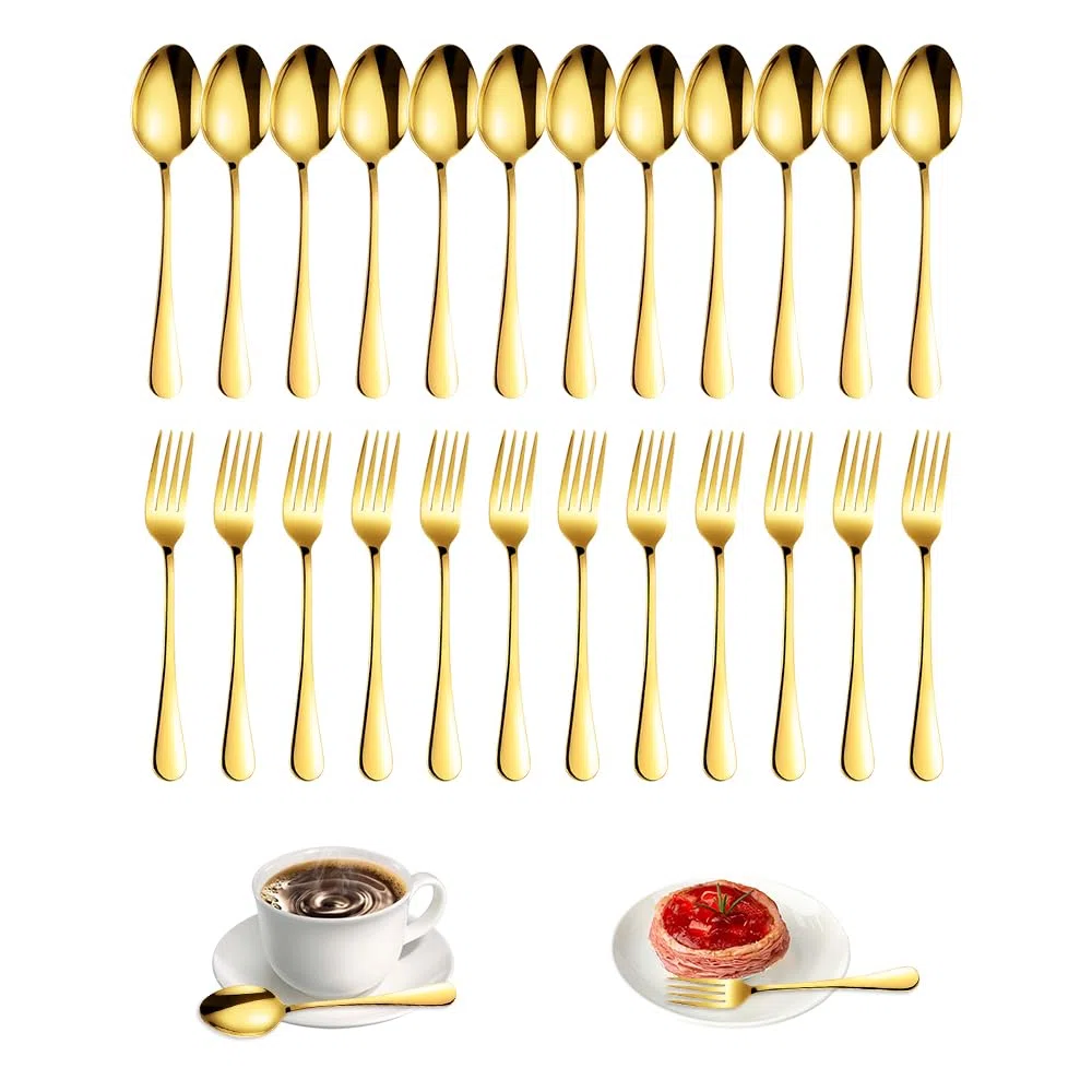 24 Pezzi Posate Acciaio Inox Forchette e Cucchiaio Oro,Cucchiai Dessert,Torta Forchette da Tavola,Cucchiaini da Caffè Piccoli,Forchetta da Dessert,Cucchiaino da Tè,Coffee Spoon per Casa
