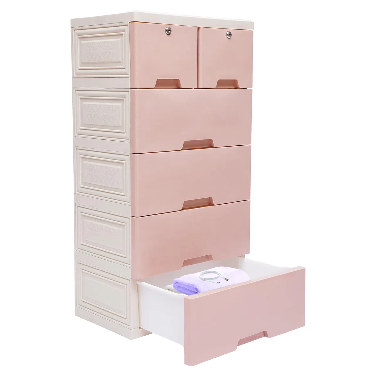 Torre portaoggetti in plastica, cassettiera con 6 cassetti e 4 ruote, modernità per soggiorno, camera da letto, larghezza 50 x profondità 30 x altezza 120 cm (rosa)