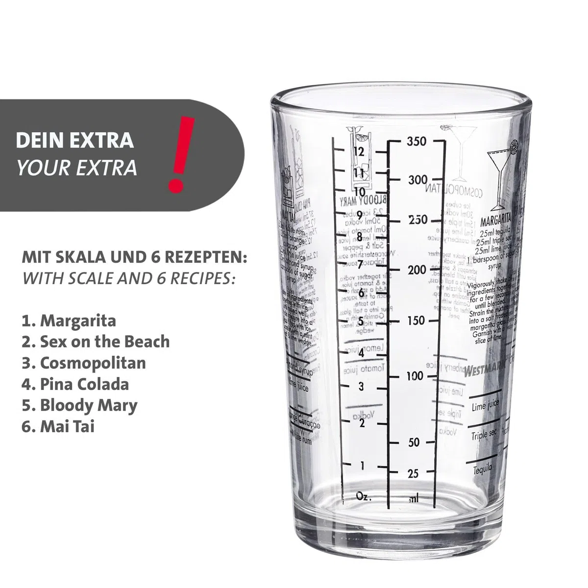 Westmark Shaker per cocktail Sam – shaker con bilancia e colino, miscelatore professionale per cocktail, accessori per bar, include ricette – acciaio inox, vetro, 400 ml
