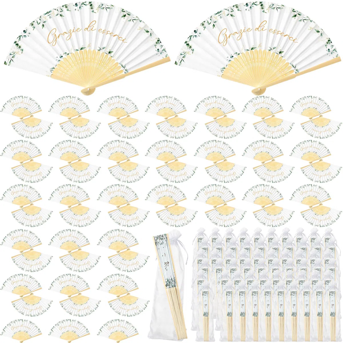 Namalu 60 Pezzi Ventaglio Matrimonio Carta con Manico in Bambù Grazie di Esserci Segnaposto Bomboniera Ventagli Pieghevoli Bianchi Eucalipto 60 Sacchetto Idee Regalo per Ospiti Estate Compleanno Festa