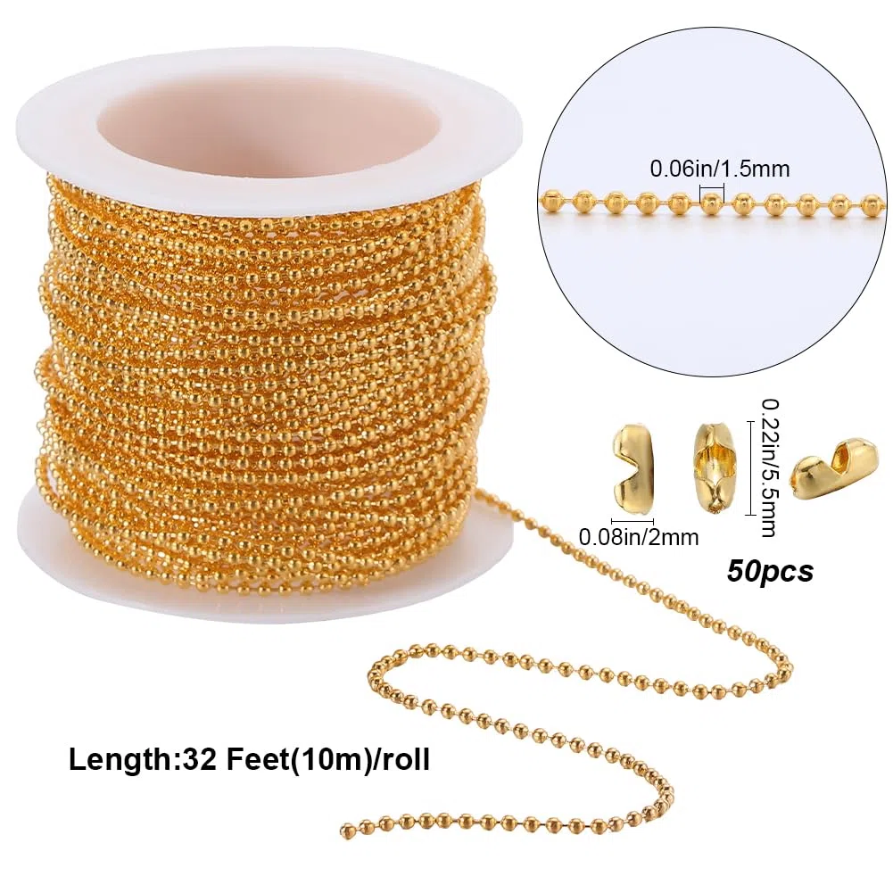 SUNNYCLUE 50 pz 33 piedi/10 m 1.5mm Catene per Targhette per Cani Catena con Perline A Sfera Dorata Rotolo Sfuso In Metallo Ottone Dorato Estensione con Linguetta Dorata Connettori Abbinati con Fermag