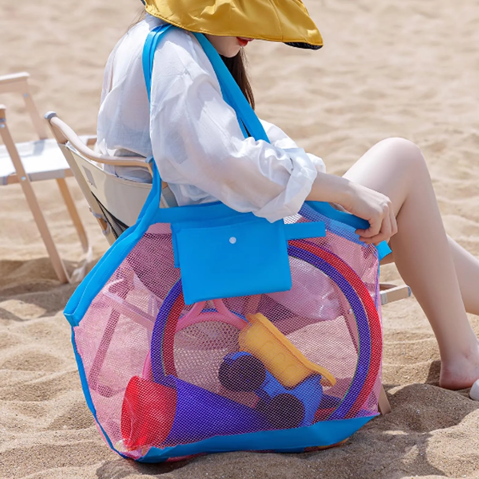 JSTHHTT 2 borse da spiaggia extra large in rete con tasca, anti-sabbia, traspiranti, per adulti, donne, bambini, unisex, verde, rosa, multicolore, 45 cm x 30 cm x 45