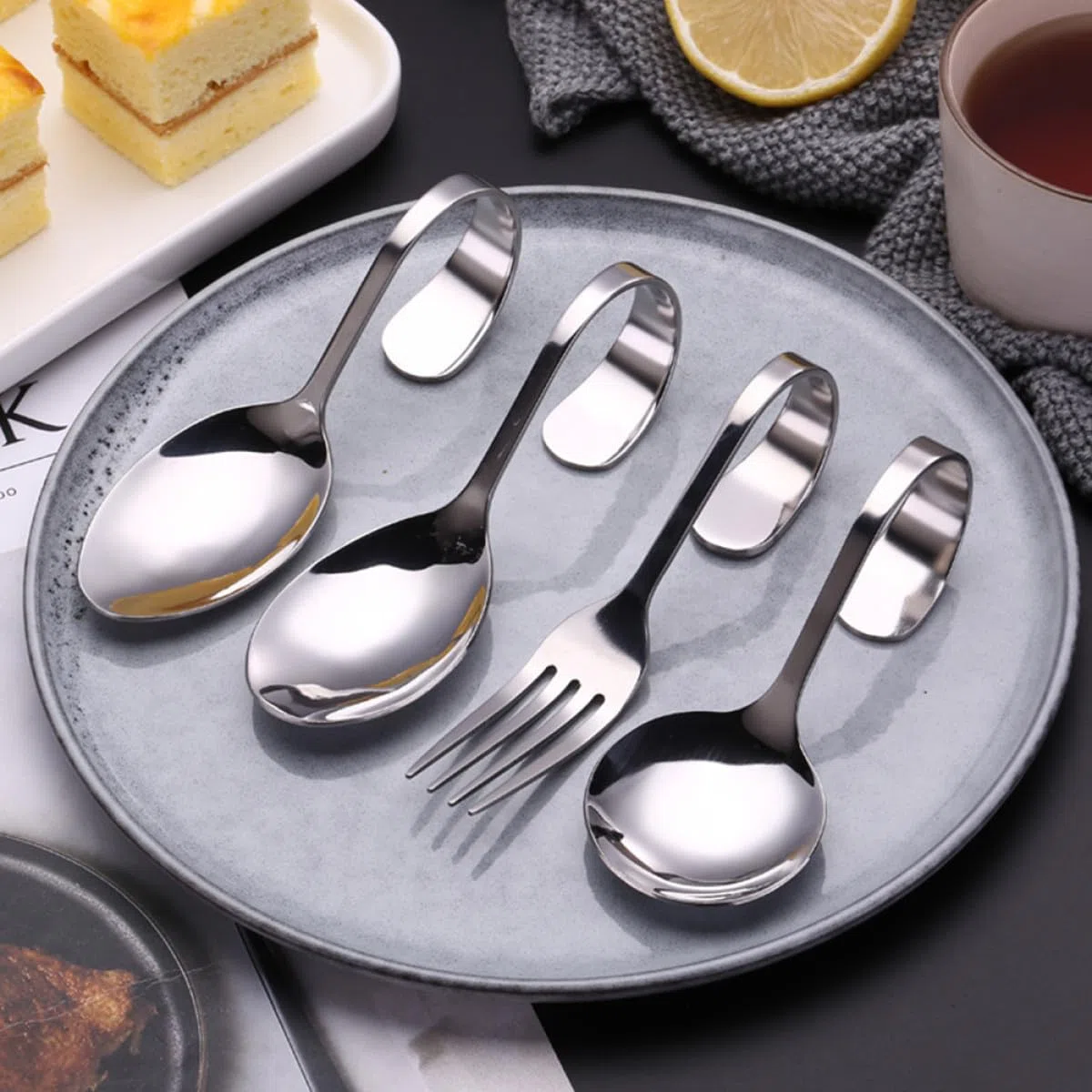 Alipis 6 Cucchiai Manico Curvo in Acciaio Inox Set per Dessert e Insalata Paletta Curva per Servire in Ristoranti e Casa
