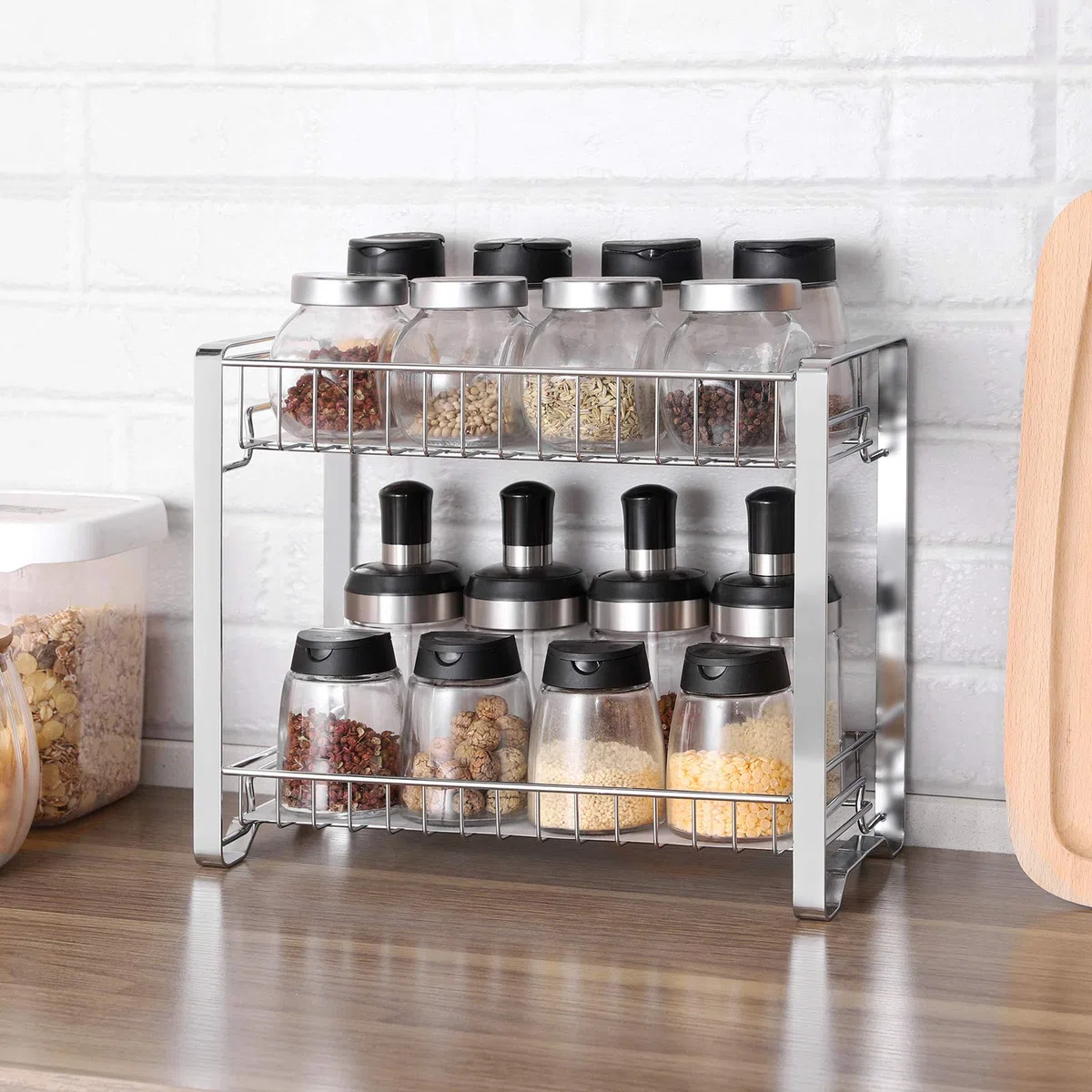 SONGMICS Portaspezie, Scaffale da Cucina in Metallo a 2 Ripiani, con Tapetto per Ripiano in Plastica, Piedini Antiscivolo, Assemblaggio Facile, per Banco, Dispensa, Bagno, Argento KCS013E01
