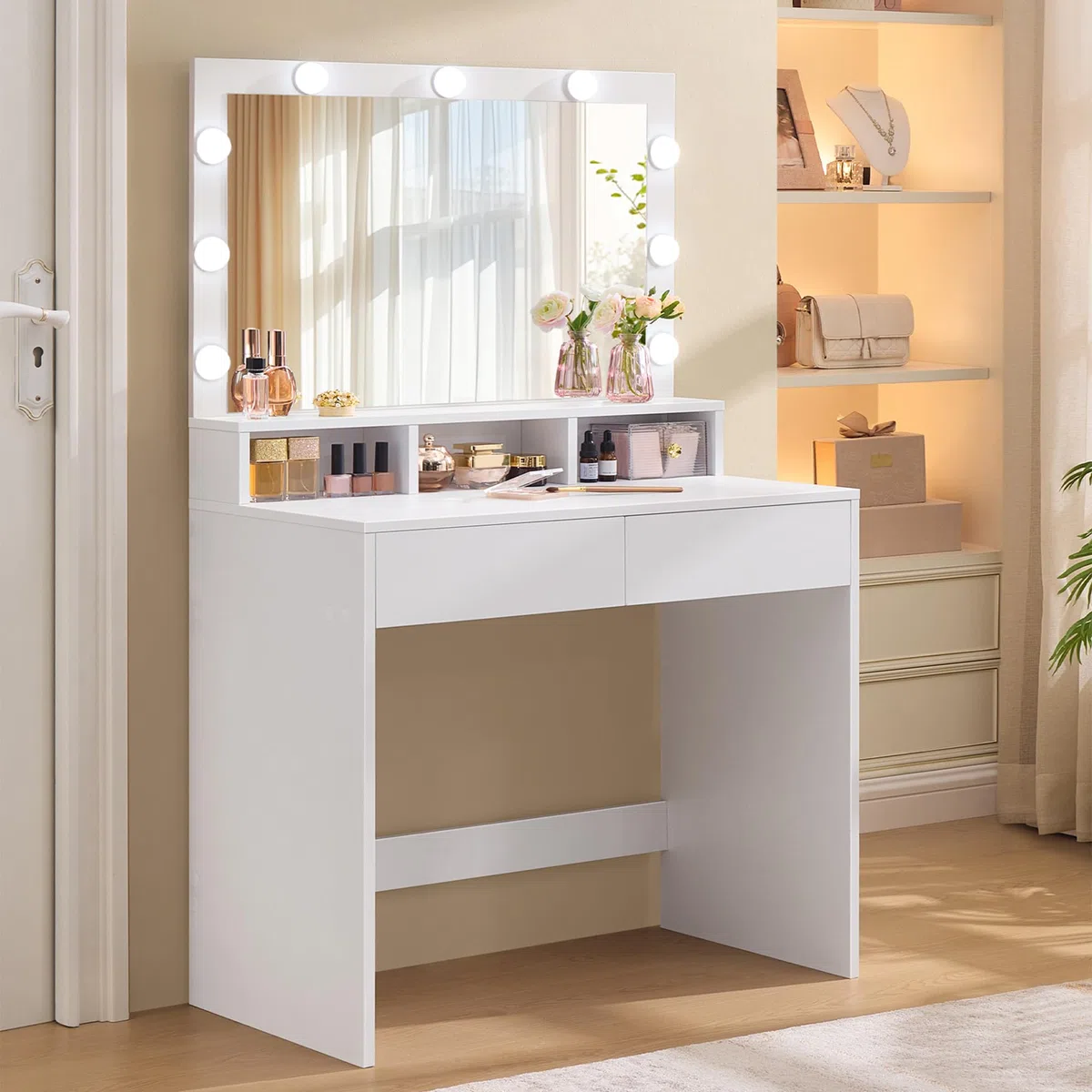 VASAGLE KAILYN Collezione - Tavolo da Trucco, Toeletta con Luce LED, Regolabile a 3 Colori, con Specchio, Tavolo Cosmetico con 2 Cassetti e 3 Scomparti Aperti, Bianco Nuvola RDT120WB01