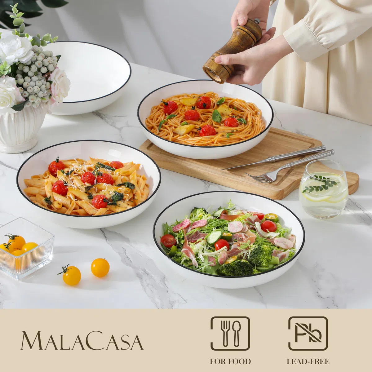 MALACASA Serie REGULAR 1680ml Piatti da Pasta in Porcellana, Piatti da Zuppa, Set di 4 Ciotole per Insalata, Bianco con Bordo Nero