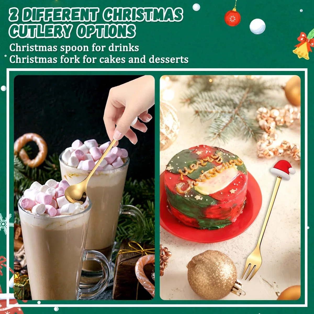 Set Posate Natalizie in Acciaio Inox da 6 Pz, Cucchiaio e Forchetta Natalizi, Cucchiaini da Tè e Caffè con Simpatica Decorazione 3D, Cucchiaino Natale per Dessert Regalo per Festa Compleanno