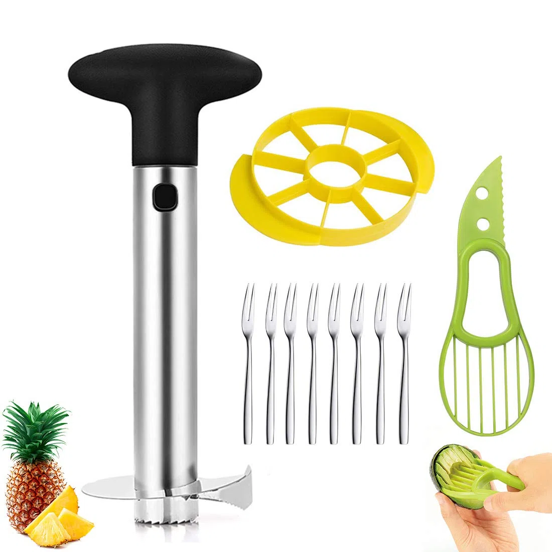 Ananas Affettatrice, JESSTOLO Professionale Utensili per Ananas 3 in 1 in Acciaio Inox per la Casa e la Cucina con 1 Affettatrice Staccabile, 1 Avocado Slicer e 8 Forchette di Frutta