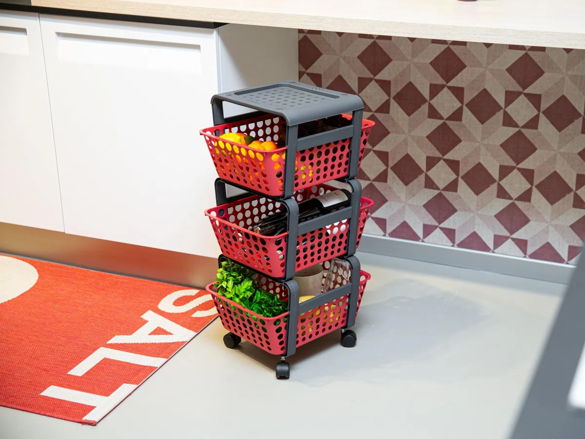 Ecoplast | Carrello con Ruote Portatutto Modula, Carrello Portaoggetti a Tre Piani, Portata Massima 9 kg, Tortora, 41,5x29x75, Made in Italy