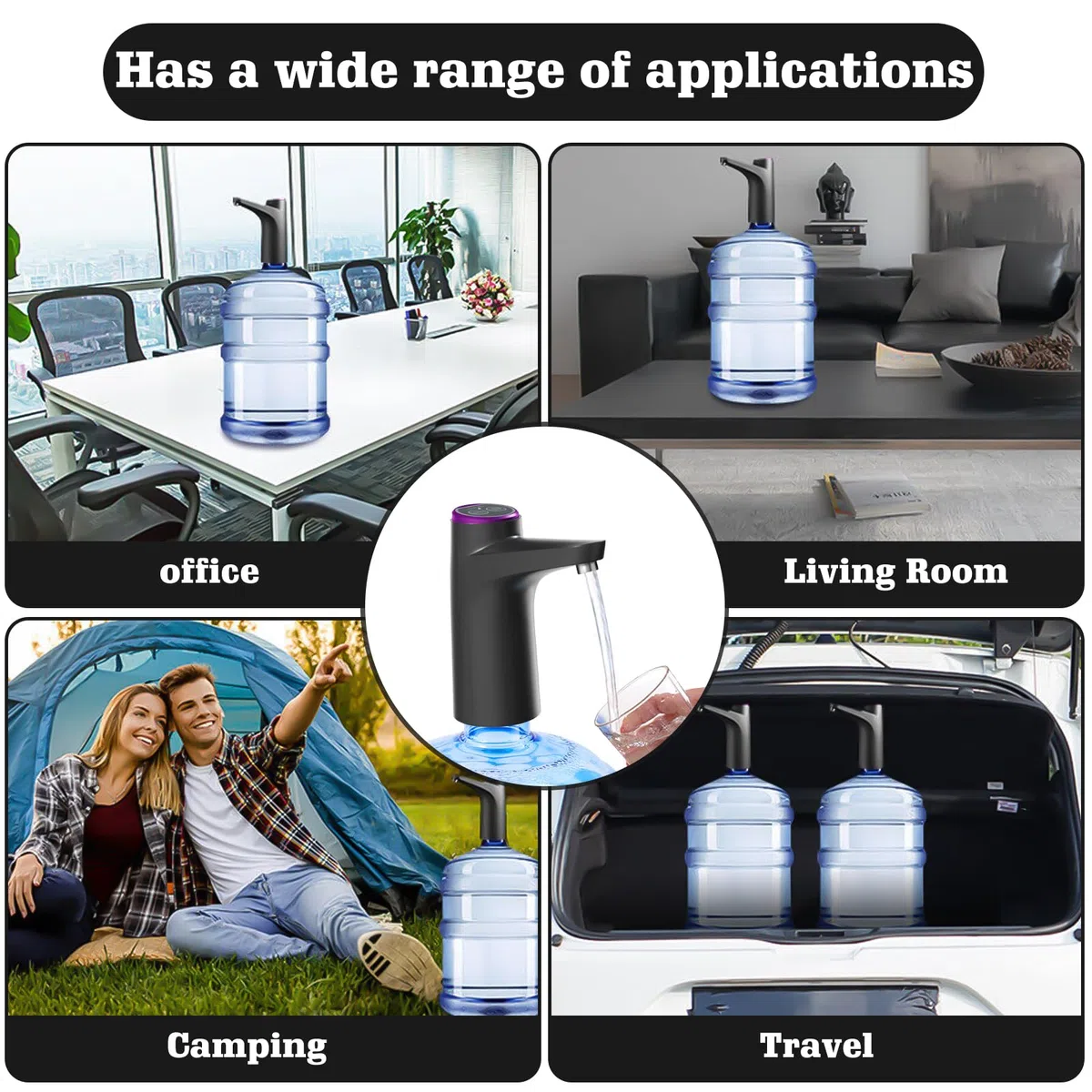 Distributore automatico di acqua, pompa per bottiglie d'acqua, pompa per acqua potabile, distributore di acqua, erogatore di acqua elettrico per campeggio, casa, ufficio, ricaricabile (nero)