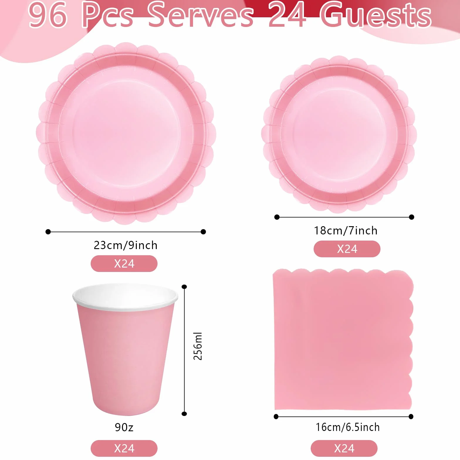 Stoviglie per Feste 96 Pezzi Rosa Chiaro Set Piatto Carta Tazze Tovaglioli 24 Ospiti