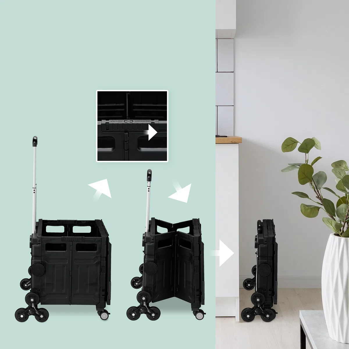 Relaxdays Carrello per Spesa Montascale, 50 kg Carico, Manico e Coperchio, Carrellino Trolley Portaspesa, Nero