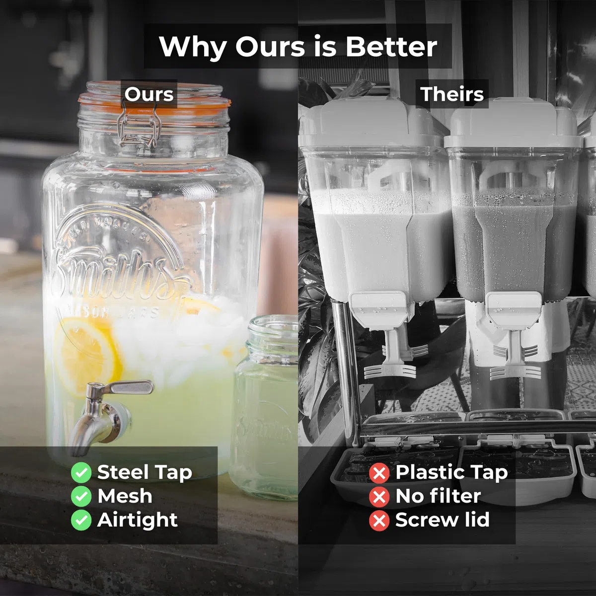 Smith's Mason Jars 5-Litre (169oz) Water Dispenser con rubinetto in acciaio inox, filtri a rete rimovibili e supporto in metallo - Ideale per limonate, bevande fai da te e frutta fresca