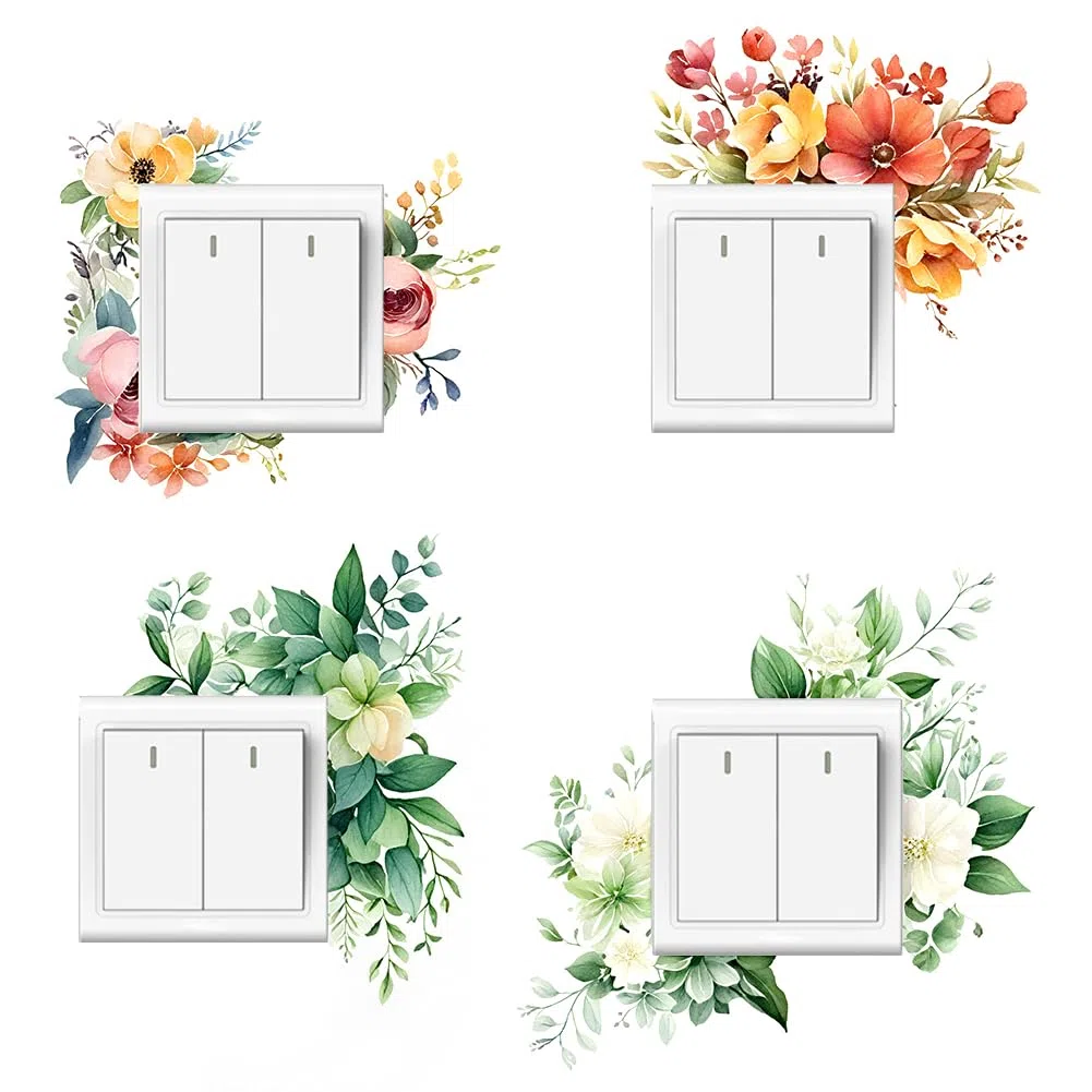 GORGECRAFT 8pz Adesivi Interruttore della Luce 4 Stili Decalcomanie Prese Decorative Rosse Gialle Bianche Fiori Foglie Verdi Modello PVC Impermeabile Interruttore Adesivi Murali Ufficio Soggiorno