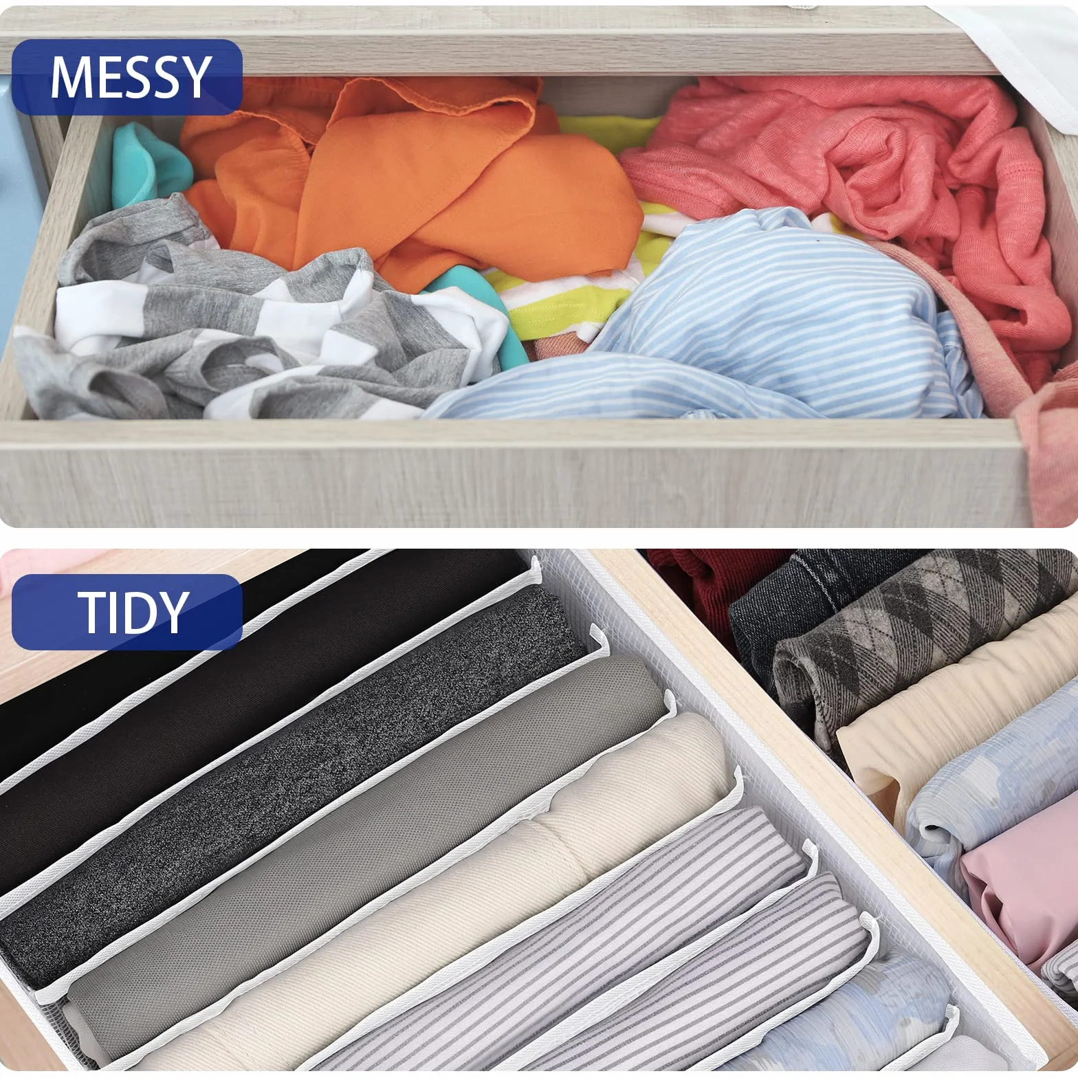 Organizer Cassetti Armadio, 12 Griglie Divisori Cassetti Organizer er Jeans Scatola, 2PCS Pieghevole Scatole Portaoggetti Per Magliette, Pantaloncini, Bianco Neve