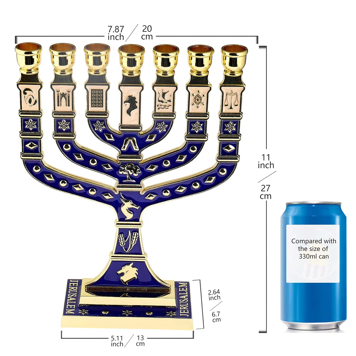 BRTAGG Menorah Candeliere ebraico, 12 tribù d'Israele, 7 rami, altezza 27 cm