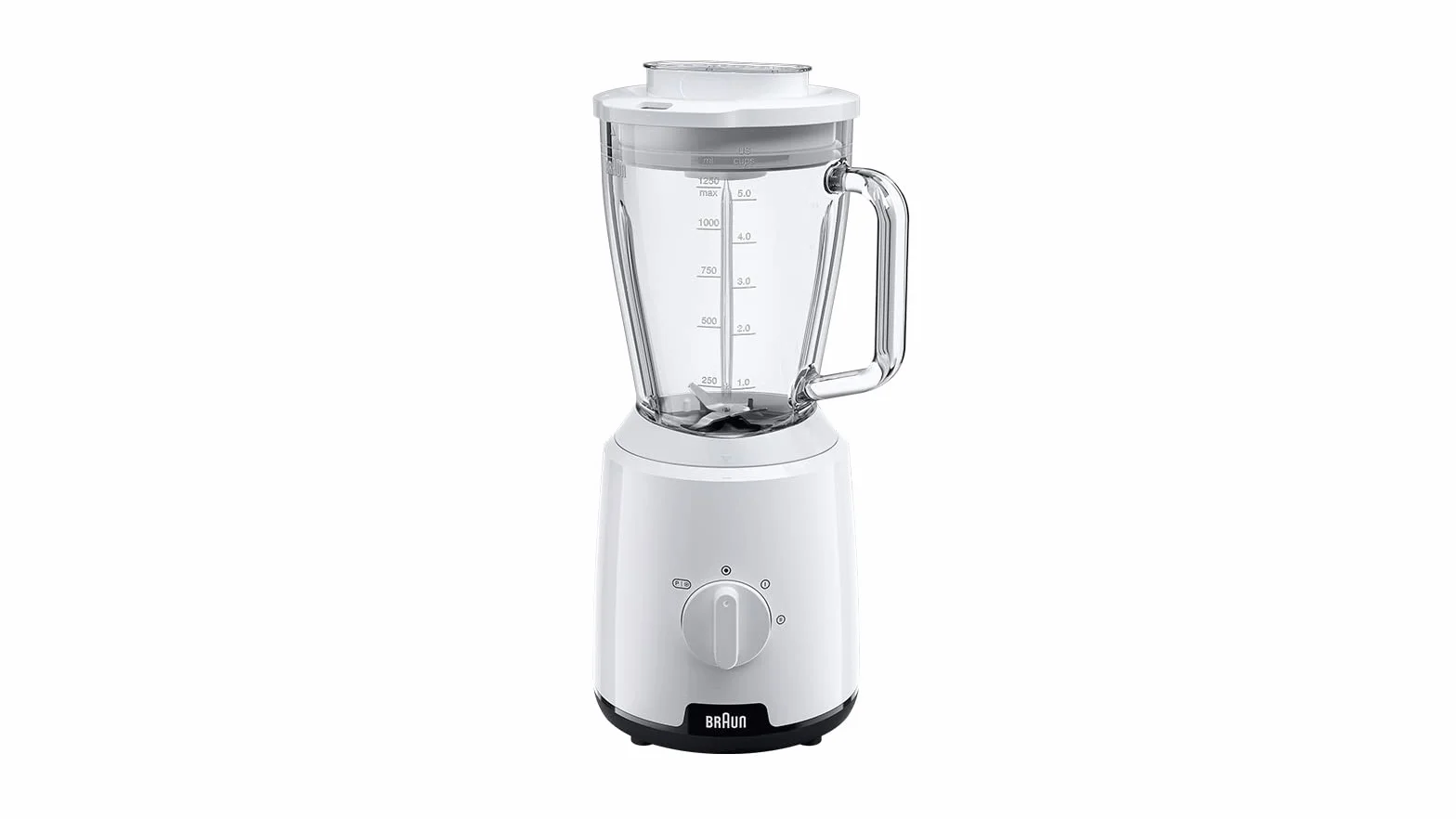 Braun PowerBlender 1 - Frullatore con caraffa triangolare singola in vetro, 2 velocità, funzione di frantumazione del ghiaccio, JB1050WH, 600 W, bianco