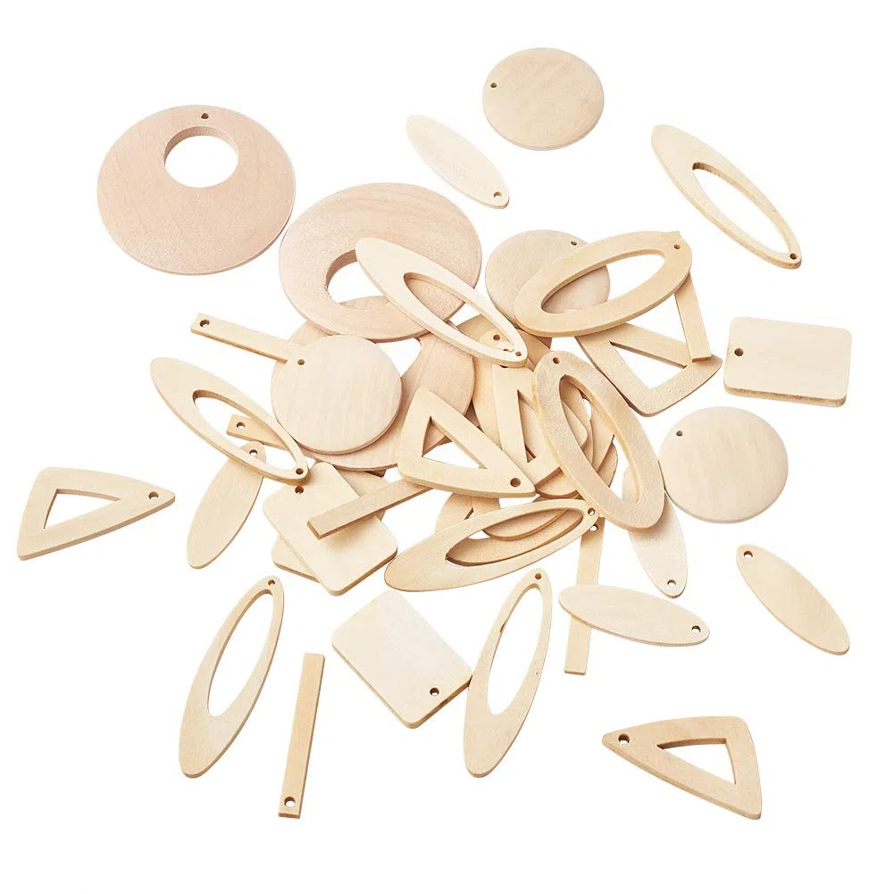 PandaHall, 48 ciondoli pendenti in legno non finiti in 8 stili diversi, per la creazione di orecchini, con 48 anelli e 48 ganci per orecchini, accessori per la creazione di gioielli fai da te