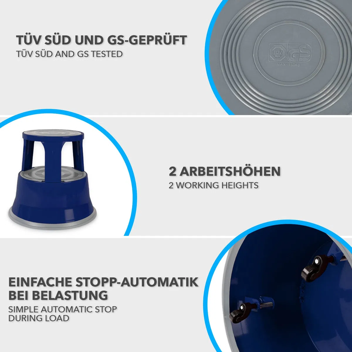 Floordirekt Sgabello a rotelle, poggiapiedi, elefante, in acciaio fino a 150 kg, per ufficio o commerciale, certificato TÜV + GS (blu, metallo)