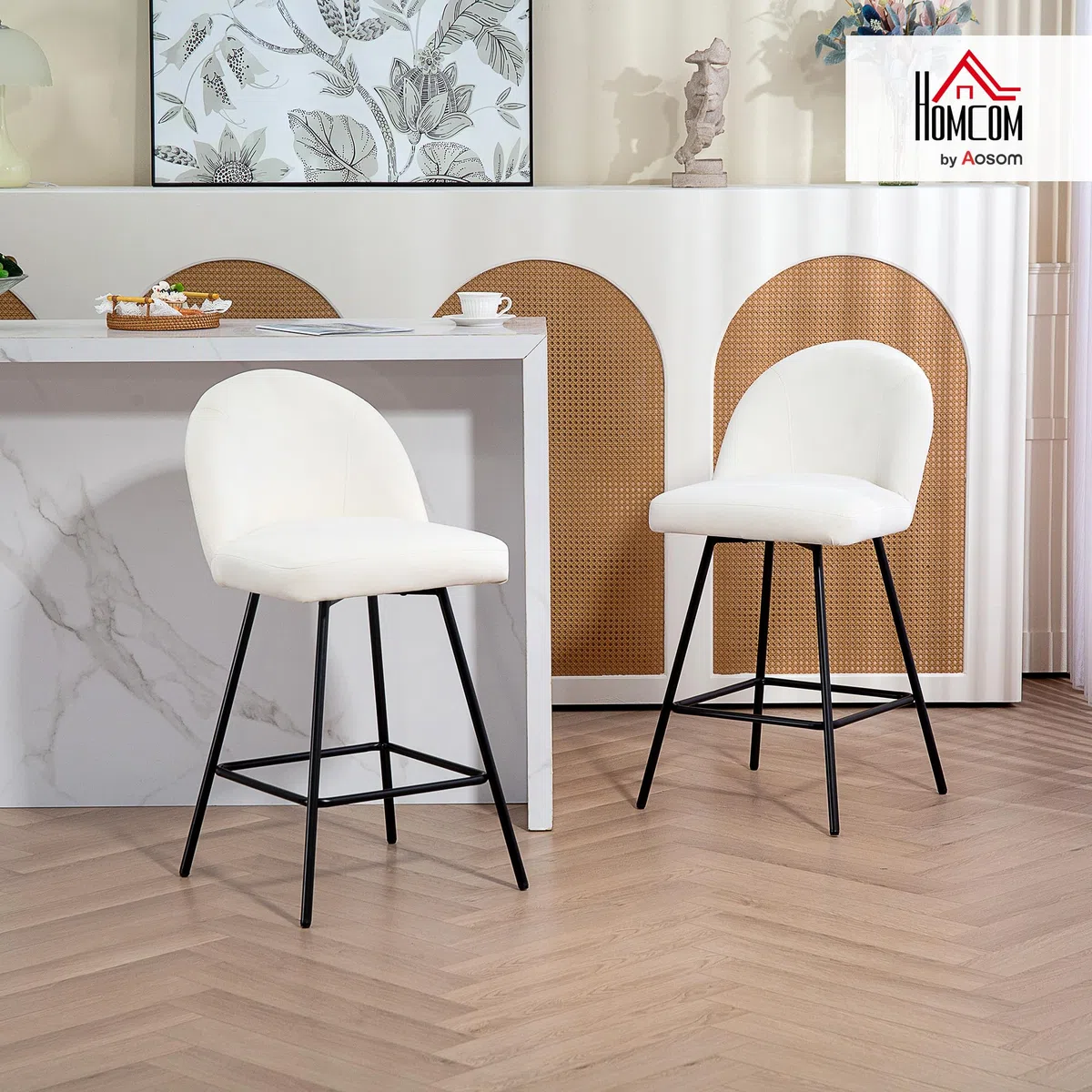 HOMCOM Set 2 Sgabelli da Bar con Poggiapiedi, Sedie Alte con Schienale in Velluto per Bancone Bar e Isola da Cucina, 48.5x56x92 cm, Bianco Crema