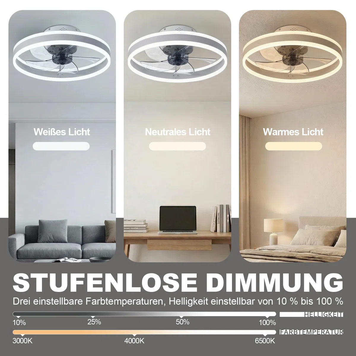 DATO Ventilatore da soffitto con luce, 3 temperature di colore e 6 velocità, controllo tramite app/telecomando, silenzioso, dimmerabile (Bianco, 50CM)