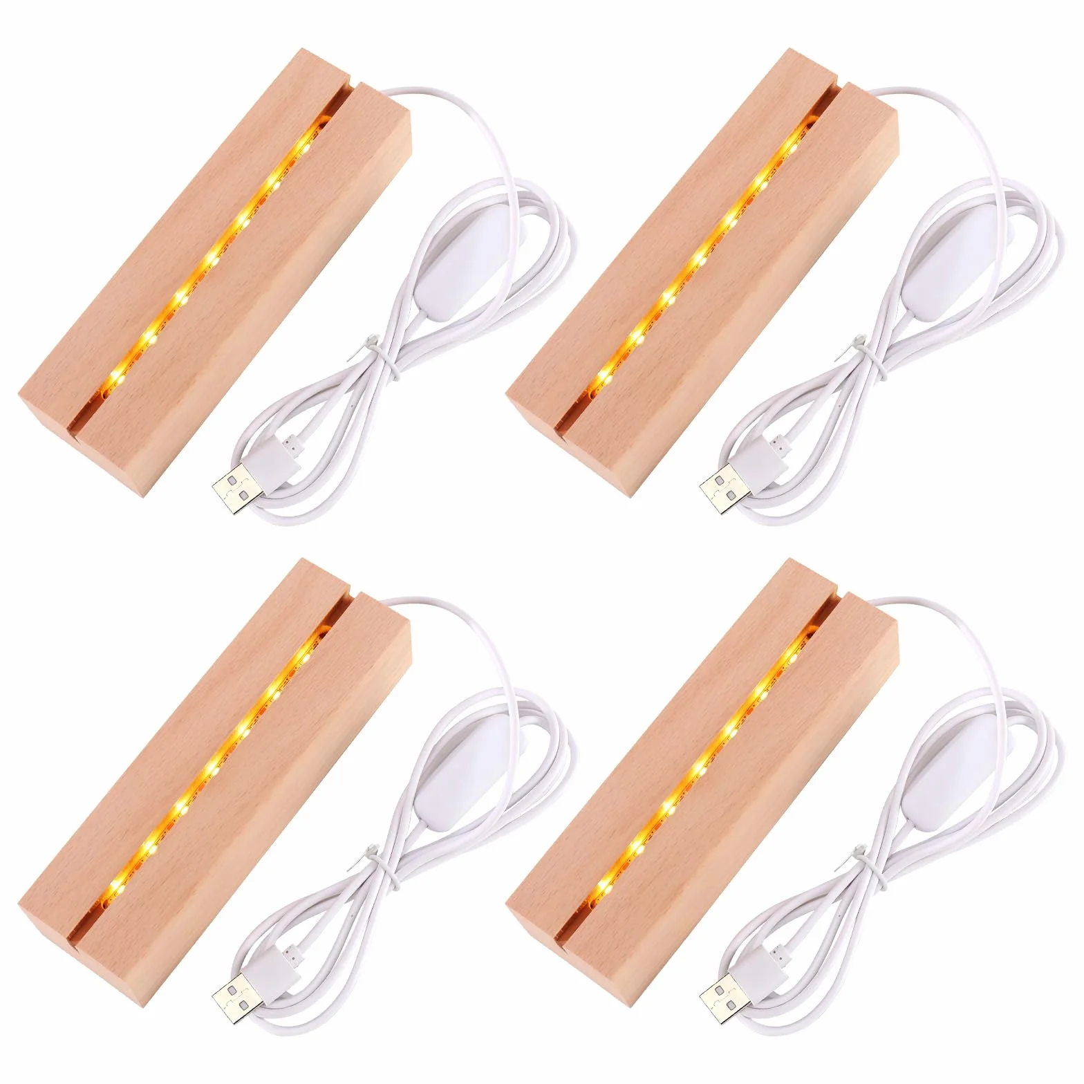 4 pezzi base LED in legno di faggio: base per display con striscia LED, supporto rettangolare per display luce calda 3 x 4,5 x 15 cm, per pannelli acrilici spessi fai da te, decorazione in