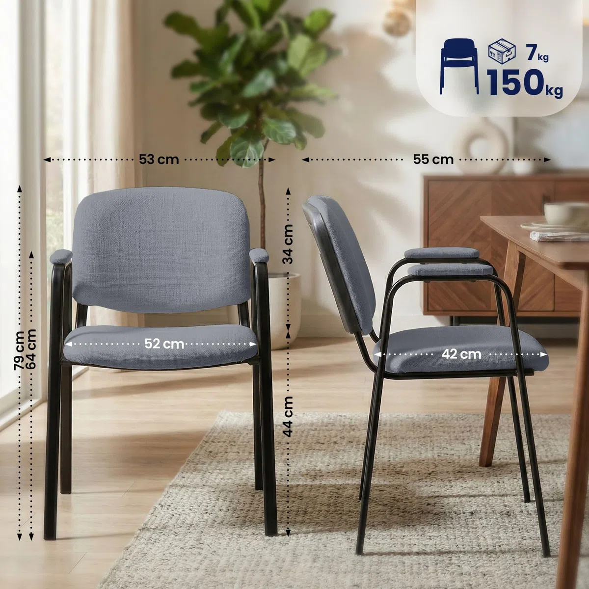 CLP Set 4 Sedie Impilabili Ken Pro con Braccioli Imbottiti, per Conferenze, in Tessuto, Struttura in Metallo Nero Robusta fino a 150 kg, Colore:grigio
