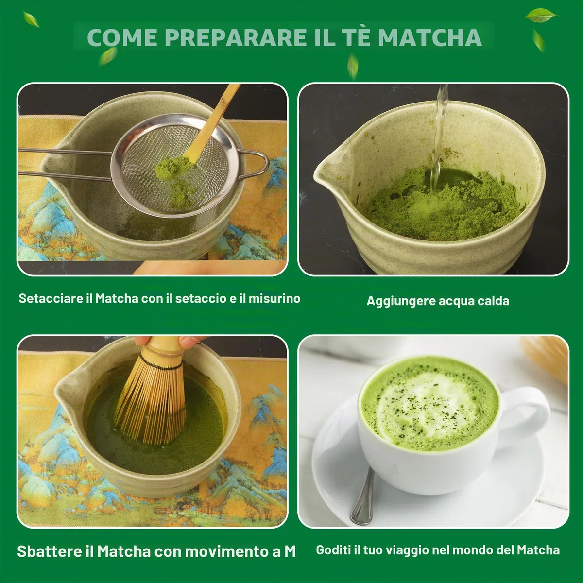 Macha Tea Kit, 7 Pezzi Matcha Kit, Completo con Matcha Whisk, Ciotola Matcha, Supporto Chasen, Setaccio da Matcha, Tappeto con Motivo, 2*Cucchiaio Matcha, Ideale per la Preparazione del tè Matcha