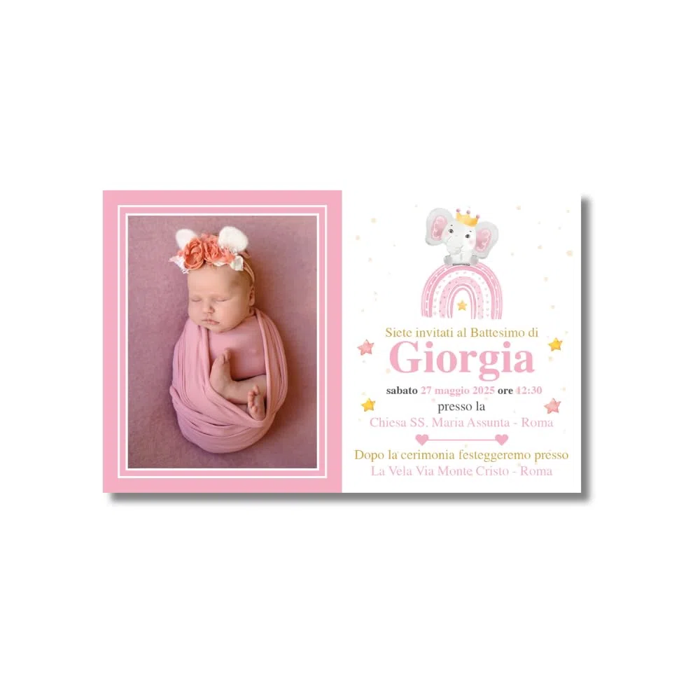 20 Inviti per Festa di Battesimo Personalizzati Con Foto - Formato 150x95mm Stampa su Cartoncino Elegante Busta Inclusa (Elefantino Rosa)