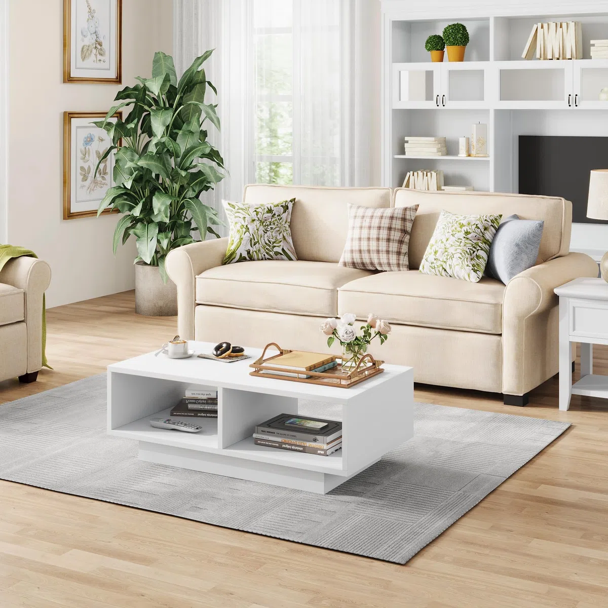 Tavolino Bianco, Tavolo da Salotto, Moderno e Elegante Tavolo da Caffè Rettangolare con 2 Ripiani Aperti, Tavolo Laterale Rettangolare per Soggiorno, per Camera da Letto e Ufficio, 90x48x31 cm