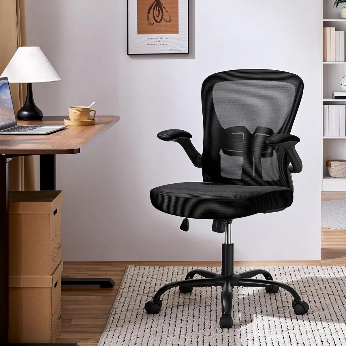 Sedia da Ufficio con Supporto Lombare, Sedia Scrivania Ergonomica con Braccioli Regolabili in Rete Traspirante, Altezza Regolabile e Schienale Inclinabile con Ruote Girevoli Nero