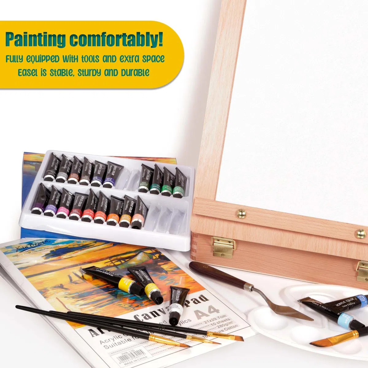 UCAMP Cavalletto Pittura,Cavalletto da Tavolo,Set di pittura acrilica da 44 pezzi,24 colori acrilici,12 pennelli,Spatola, Grembiuli,Tavolozza Colori e Tela A4,per Professionisti e Hobbisti