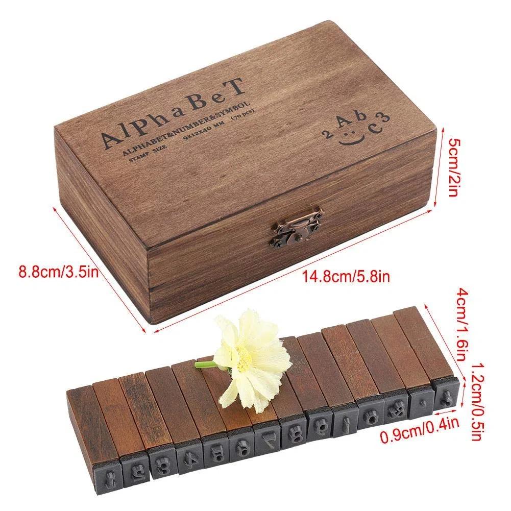 70PCS Timbri in legno vintage, alfabeto in legno lettera timbri compatibili con carta/tessuto/plastica/vetro/legno - Set di timbri numerati fai-da-te con scatola di immagazzinaggio
