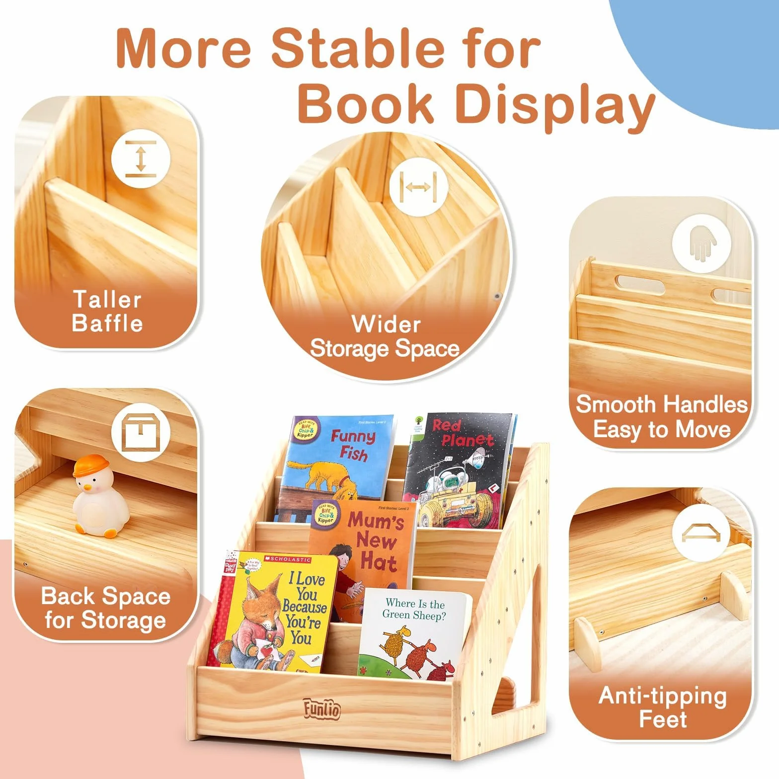 FUNLIO Libreria Montessori per Bambini da 1 a 5 Anni, Libreria Frontale con Maniglia e Dispositivo Antiribaltamento, Libreria in Pino Premium, per Bambini per Aula, Approvato CPC