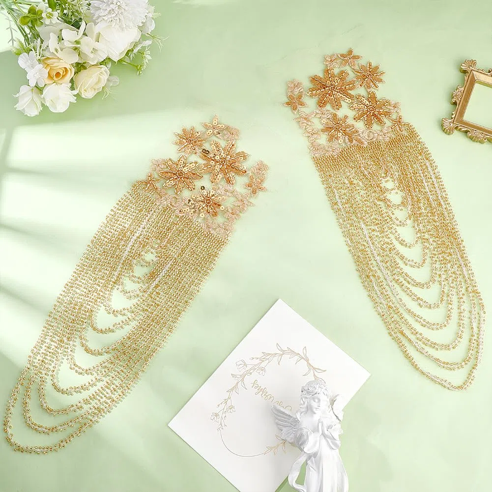 FINGERINSPIRE 1Paio Applique con Strass a Forma di Fiore 3D Fatte a Mano Perline di Cristallo Oro Paillettes Patch Ricamate Spalline con Paillettes per Abito da Sera Costume da Ballo Decorazione