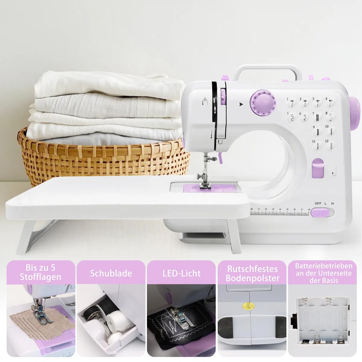 Macchina da cucire con tavolo scorrevole, mini macchina da cucire, macchina da cucire elettrica portatile, macchina da cucire a 12 punti con luce a LED, set di accessori da cucito, ideale per vestiti