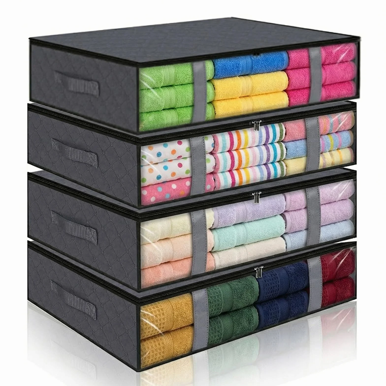 4 Pezzi Scatole Sotto Letto Contenitore 60x45x15cm Contenitori Sottoletto con Finestra di Osservazione e Maniglia per Piumoni, Lenzuola, Vestiti per Camera da Letto, Armadio