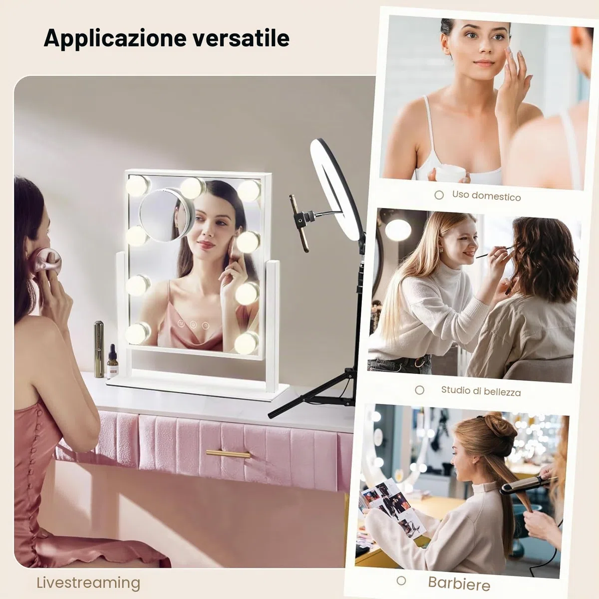 Specchio di trucco hollywoodiano con 9 lampadine LED, 3 modalità di illuminazione, schermo tattile, rotazione di 360 gradi